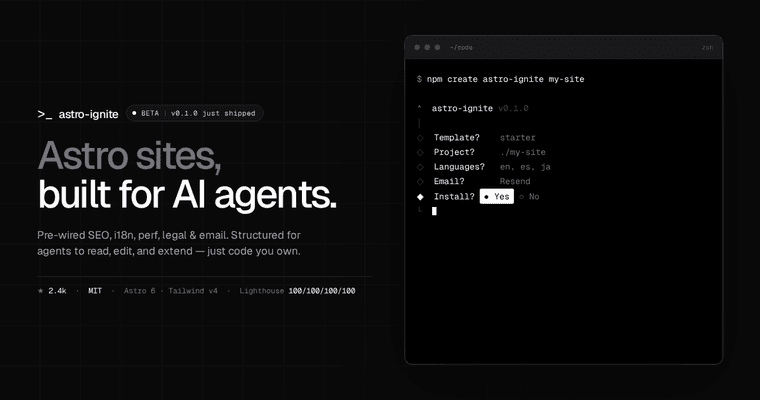astro-ignite GitHub banner — "Astro sites, built for AI agents" alongside the create-astro-ignite terminal setup flow.