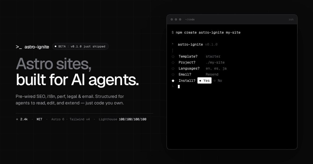 astro-ignite GitHub banner — "Astro sites, built for AI agents" alongside the create-astro-ignite terminal setup flow.